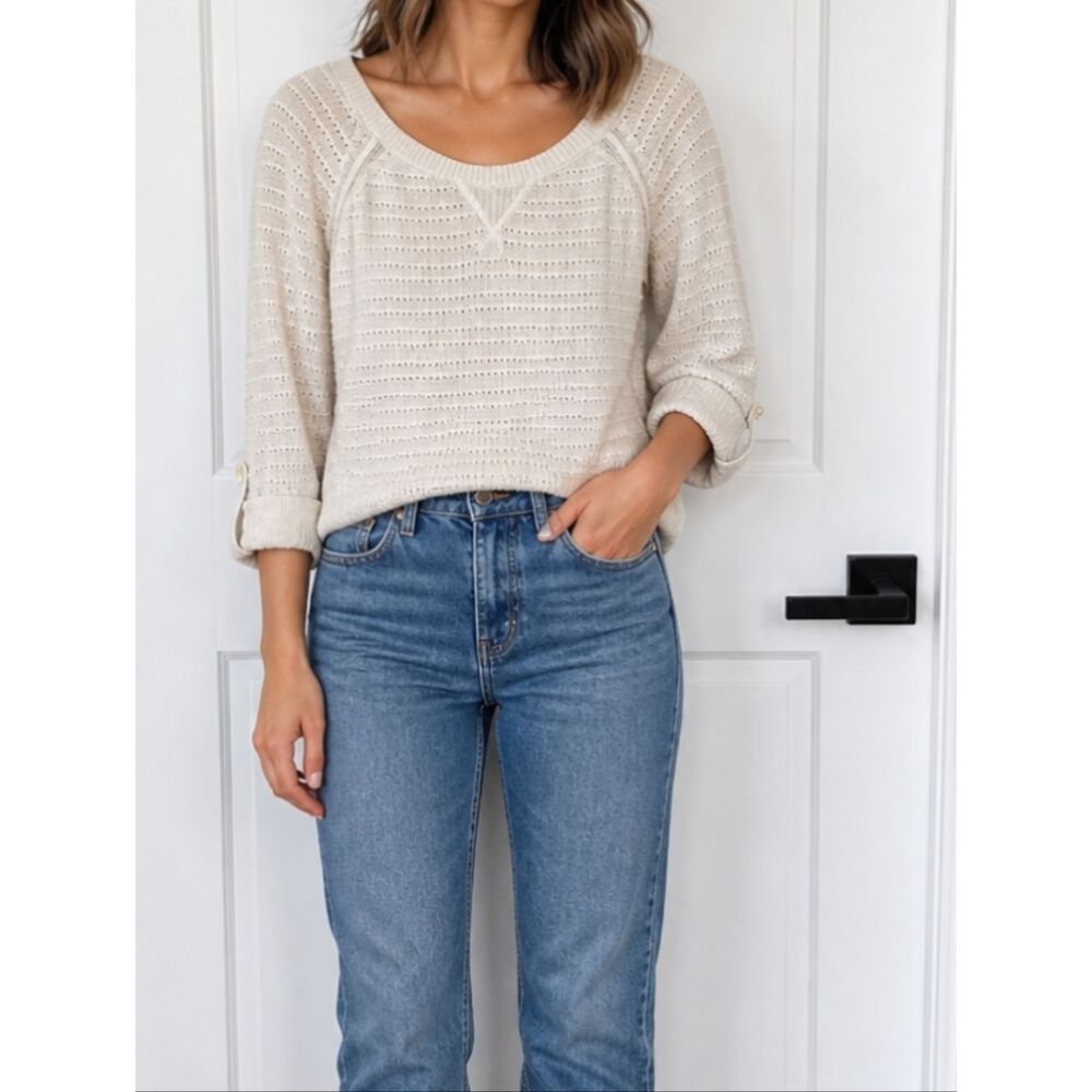 Light Cream Knit Scoop Neck Women's Sweater